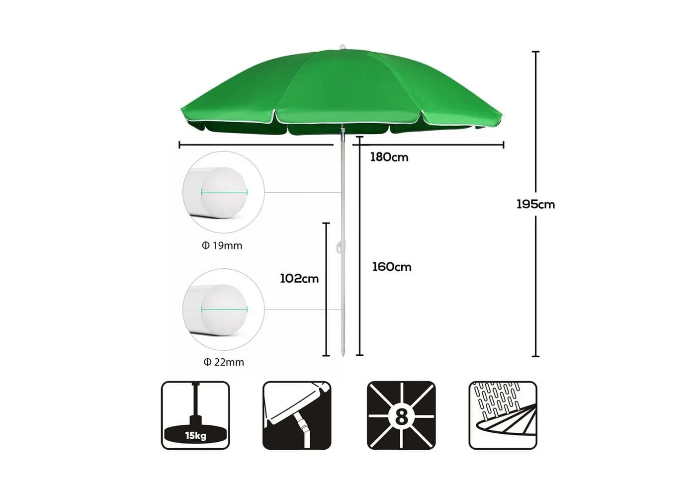 Sekey Sonnenschirm Ø 180 cm Grün - Bild 5