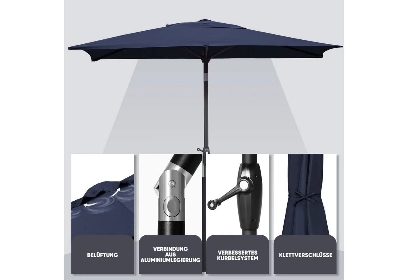 Sekey Rechteckiger Aluminium Sonnenschirm Marineblau mit Kurbel - Bild 5
