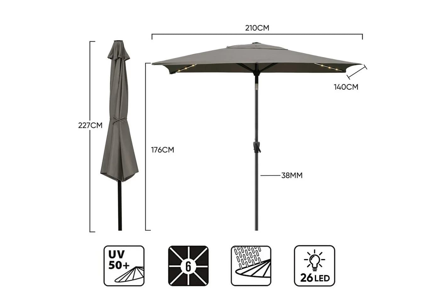 Sekey Sonnenschirm 210 x 140 cm Aluminum UV50+ LED-Solar-Beleuchtung - Bild 3