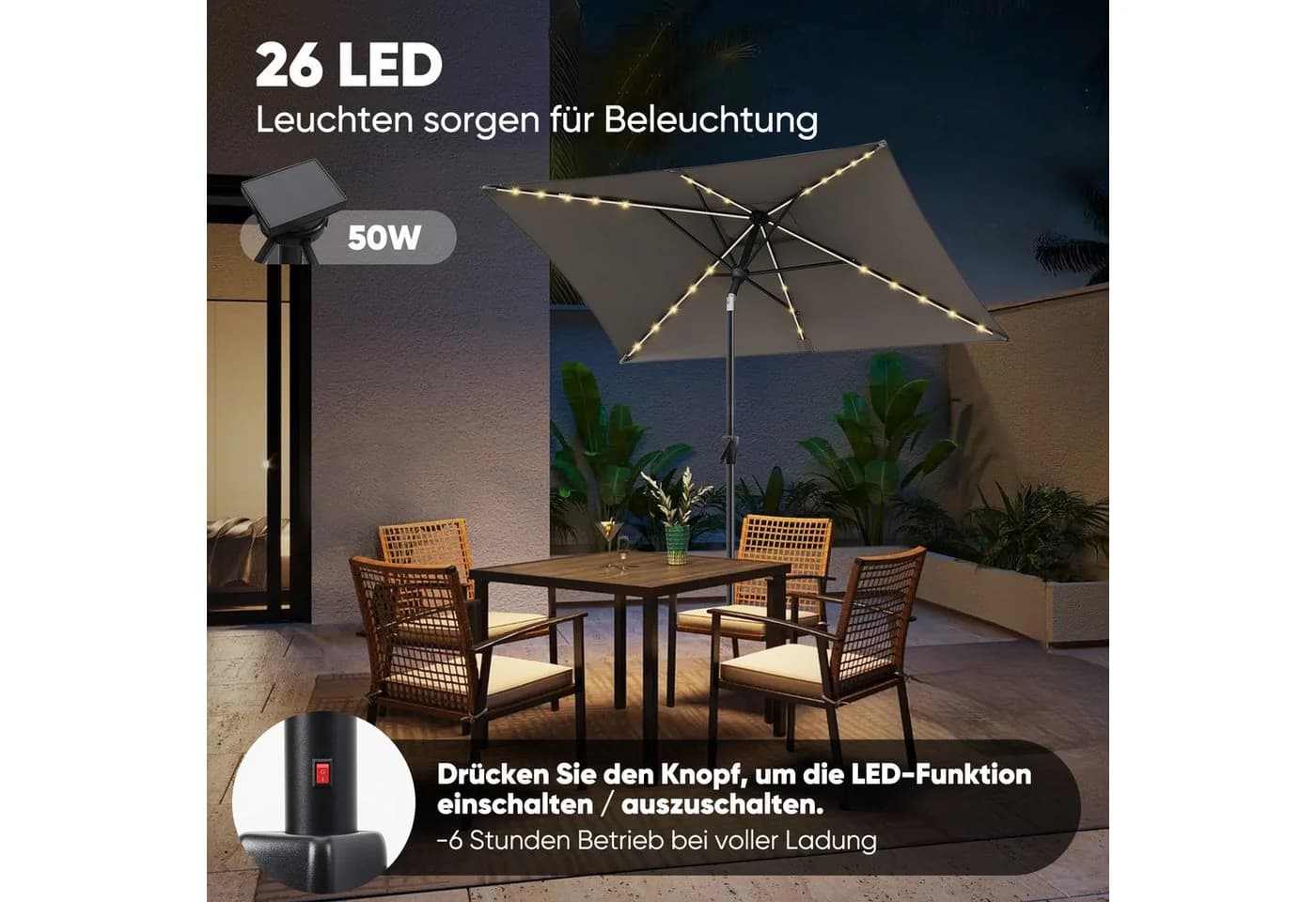 Sekey Sonnenschirm 210 x 140 cm Aluminum UV50+ LED-Solar-Beleuchtung - Bild 5