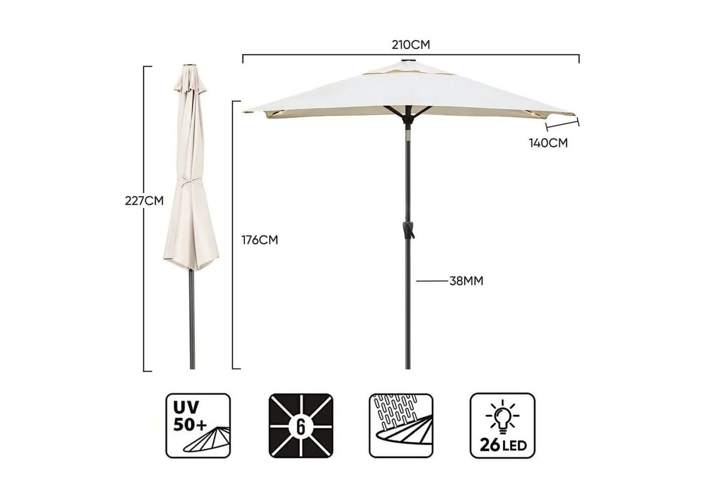 Sekey Aluminium Sonnenschirm Rechteckig Creme mit Solar-LED - Bild 3
