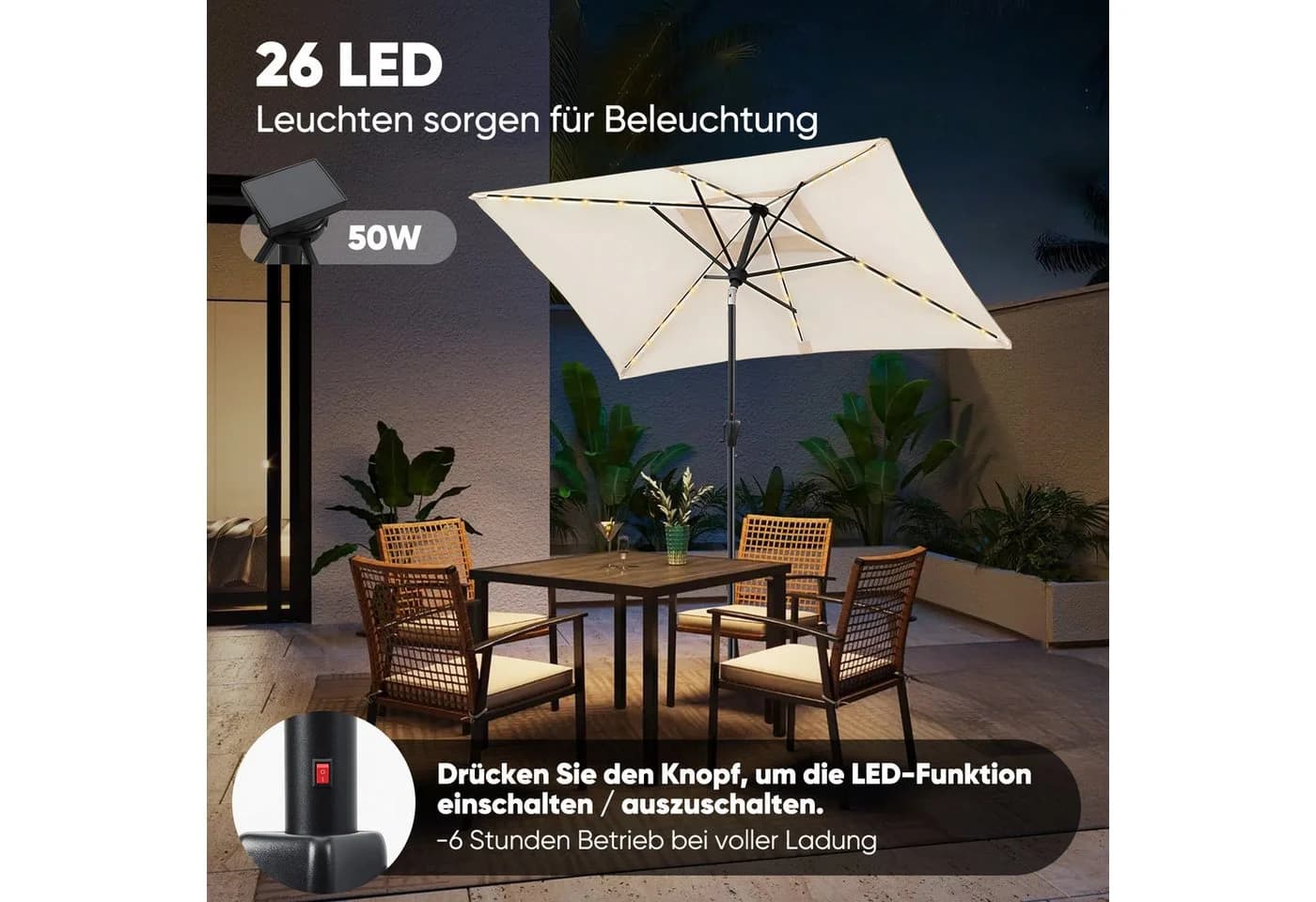 Sekey Aluminium Sonnenschirm Rechteckig Creme mit Solar-LED - Bild 5