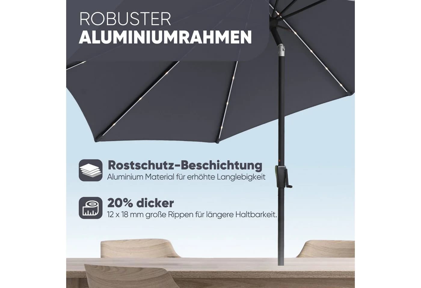 Sekey Marktschirm 3m Grau mit LED-Beleuchtung und Kurbel - Bild 3