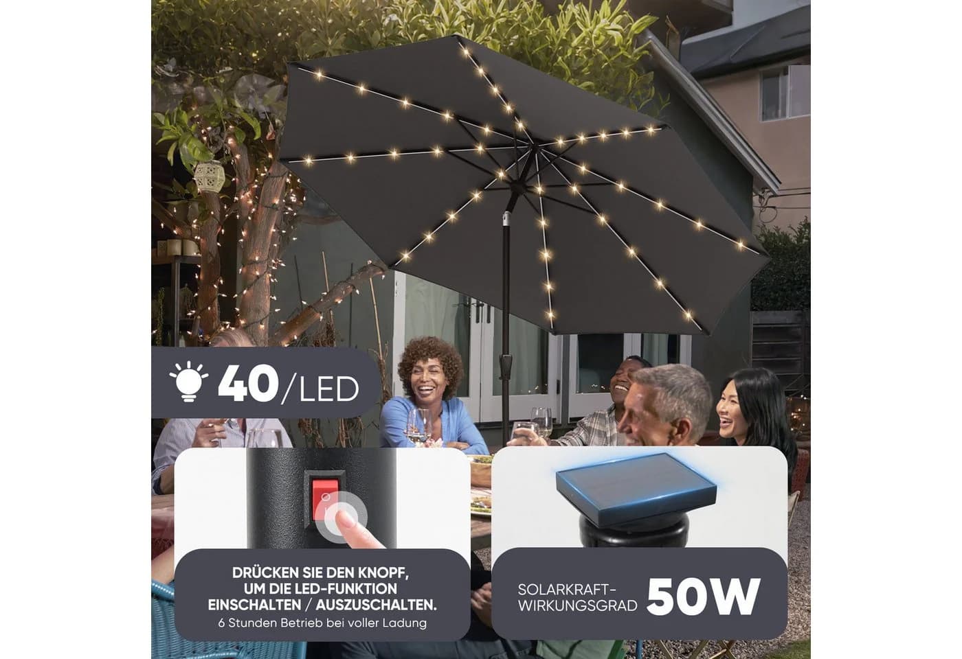 Sekey Sonnenschirm 330cm Grau mit LED-Beleuchtung und Kurbel - Bild 4