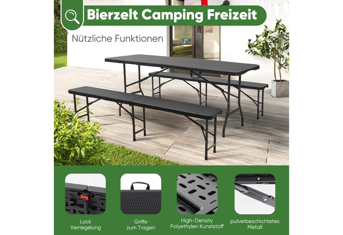 Sekey Bierzeltgarnitur 3-teilig Klappbar 180cm Gartenmöbel