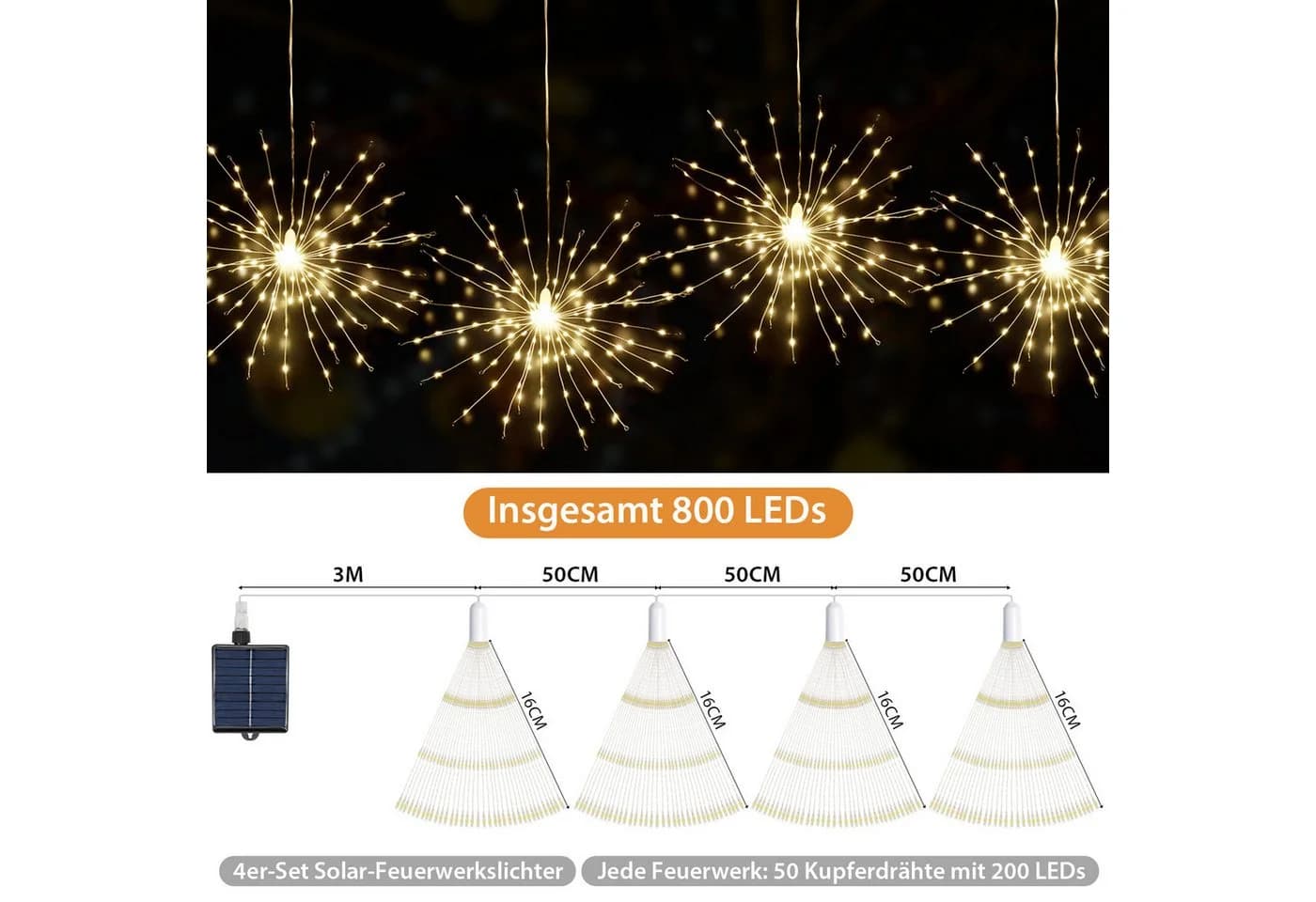 Salcar LED Solarleuchte 4er Feuerwerk Lichterkette Warmweiß mit Fernbedienung - Bild 4