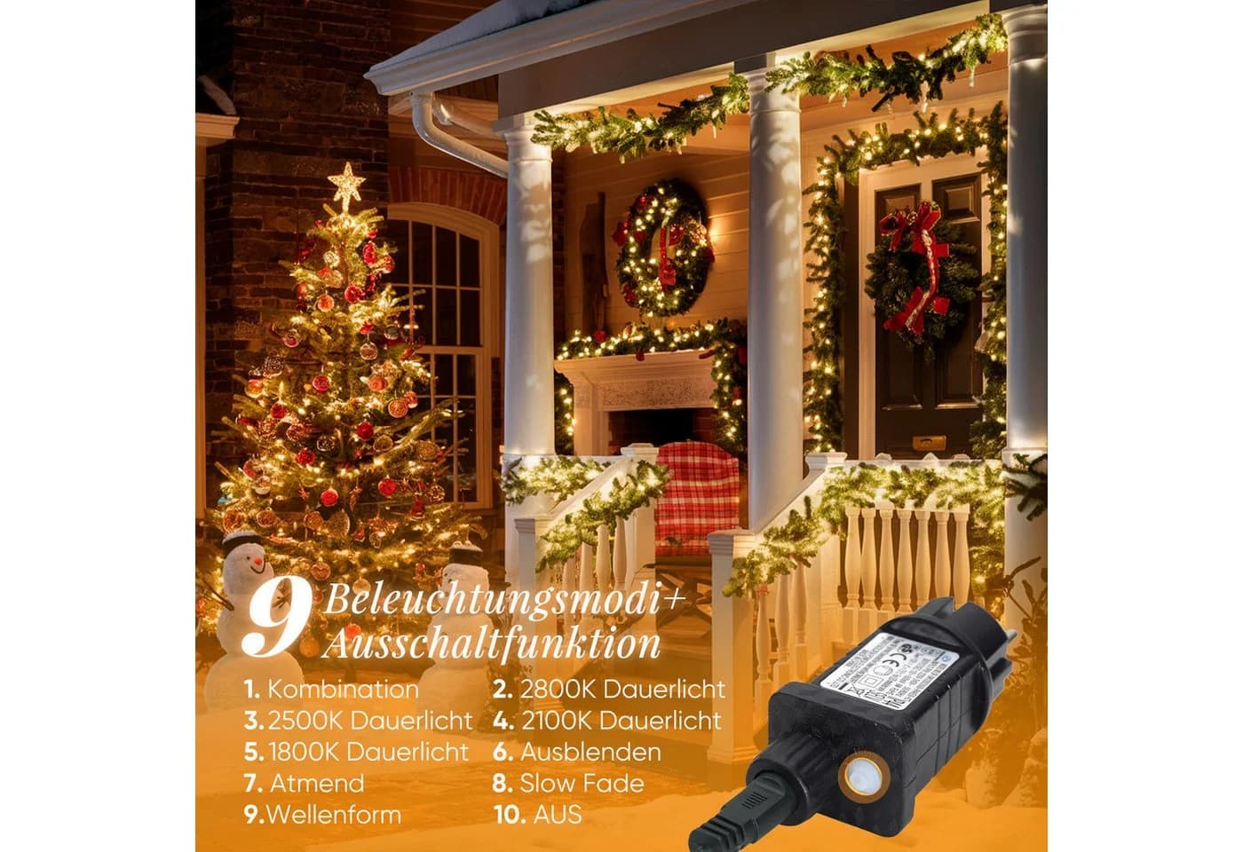 Salcar LED-Lichterkette Außen Weihnachtsbeleuchtung 15m 250 LEDs 9 Modi Warmweiß bis Gelb Dimmbar