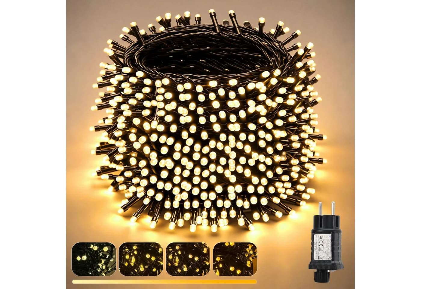 Salcar LED-Lichterkette Außen Weihnachtsbeleuchtung 15m 250 LEDs 9 Modi Warmweiß bis Gelb Dimmbar - Bild 2