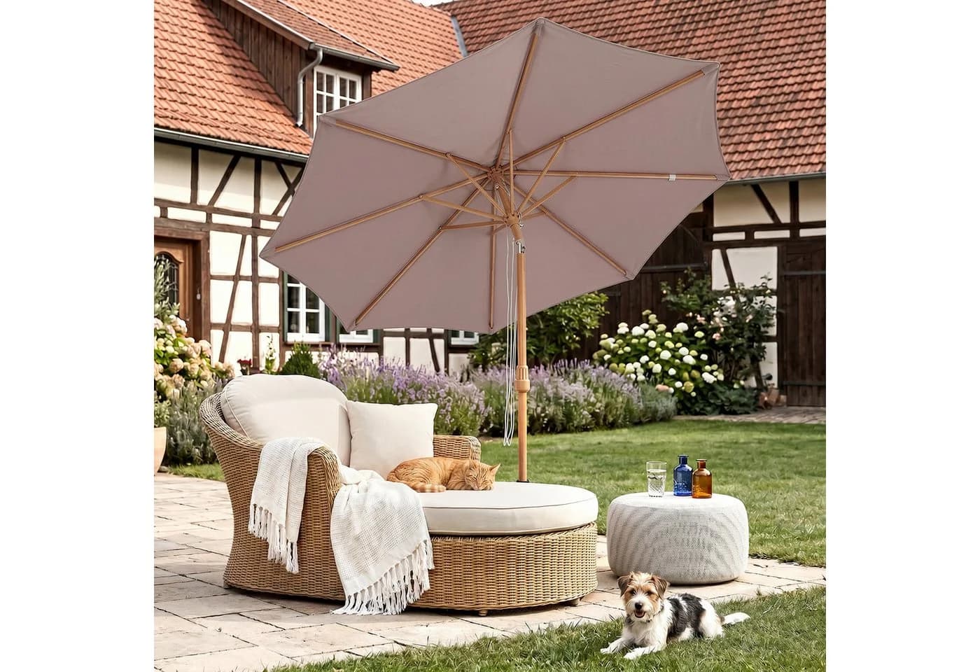 Sekey Sonnenschirm Taupe Holzoptik 300x300 cm Knickbar UPF 50+