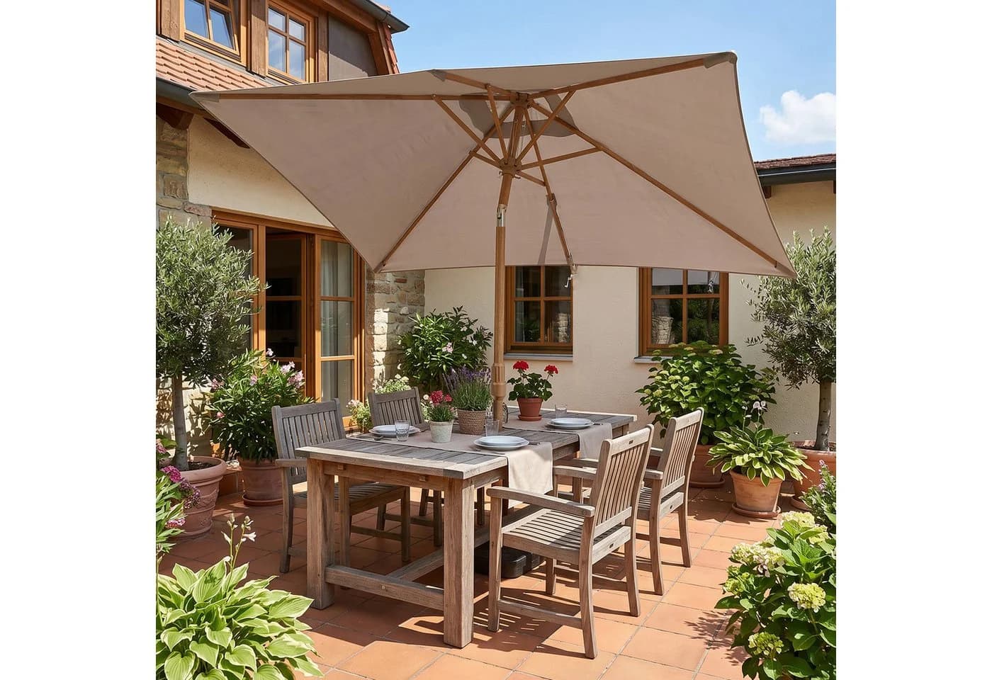 Sekey Sonnenschirm 300x200 cm Taupe Holzoptik Knickbar