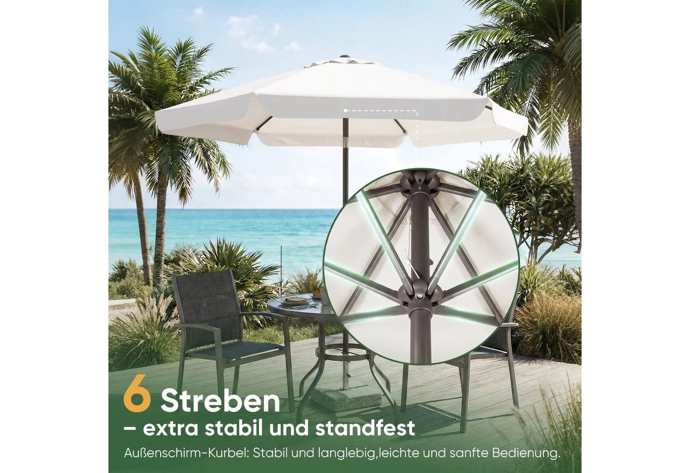 Sekey Sonnenschirm 200 cm Rund Beige Knickbar mit Kurbel - Bild 5