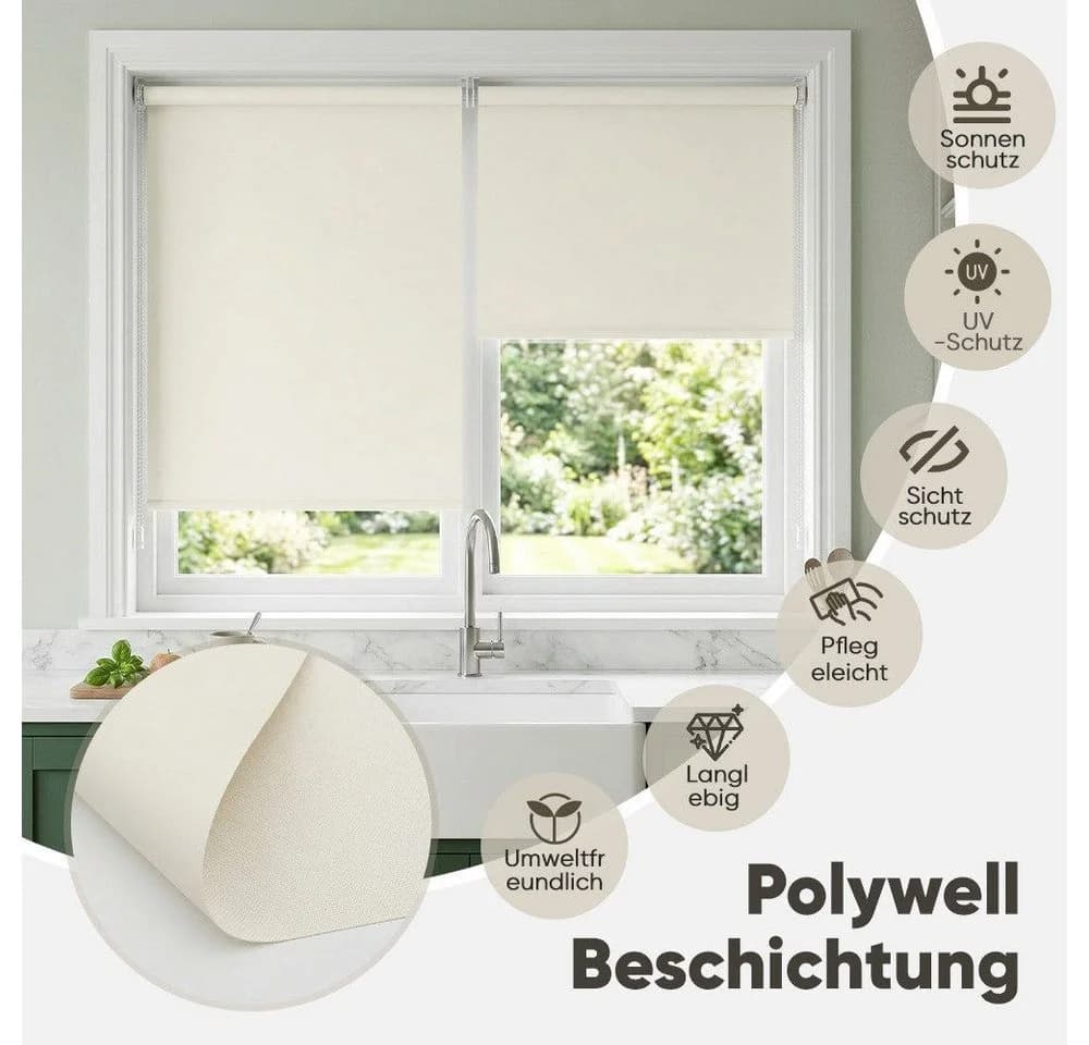 Sekey Seitenzugrollo Verdunkelungsrollo Klemmfix Beige