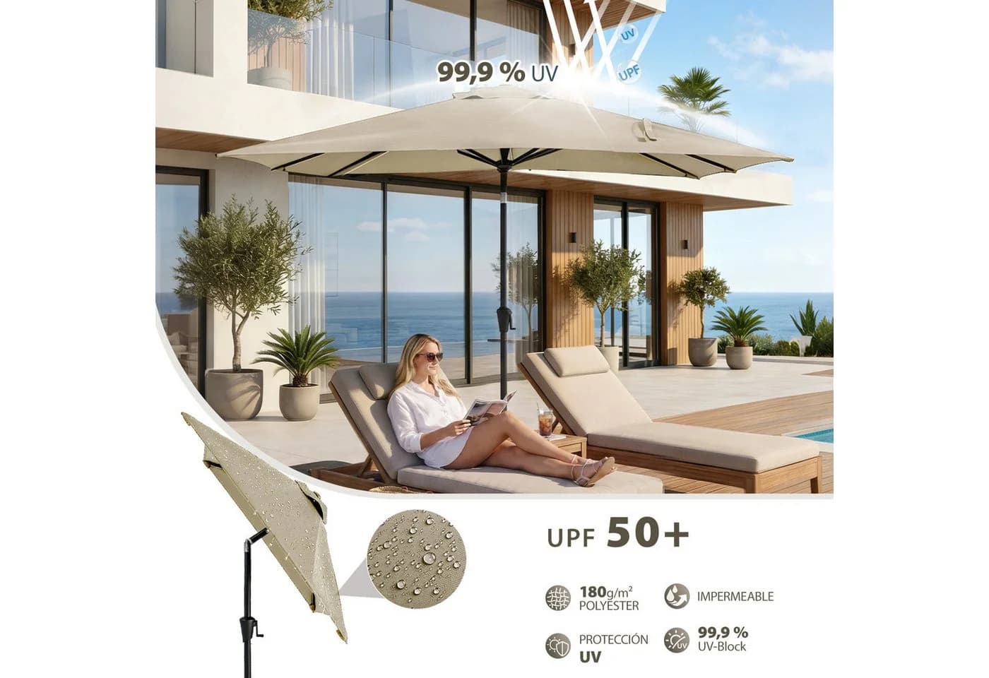 Sekey Sonnenschirm Rechteckig mit Kurbel und UV-Schutz 50+ Taupe - Bild 3