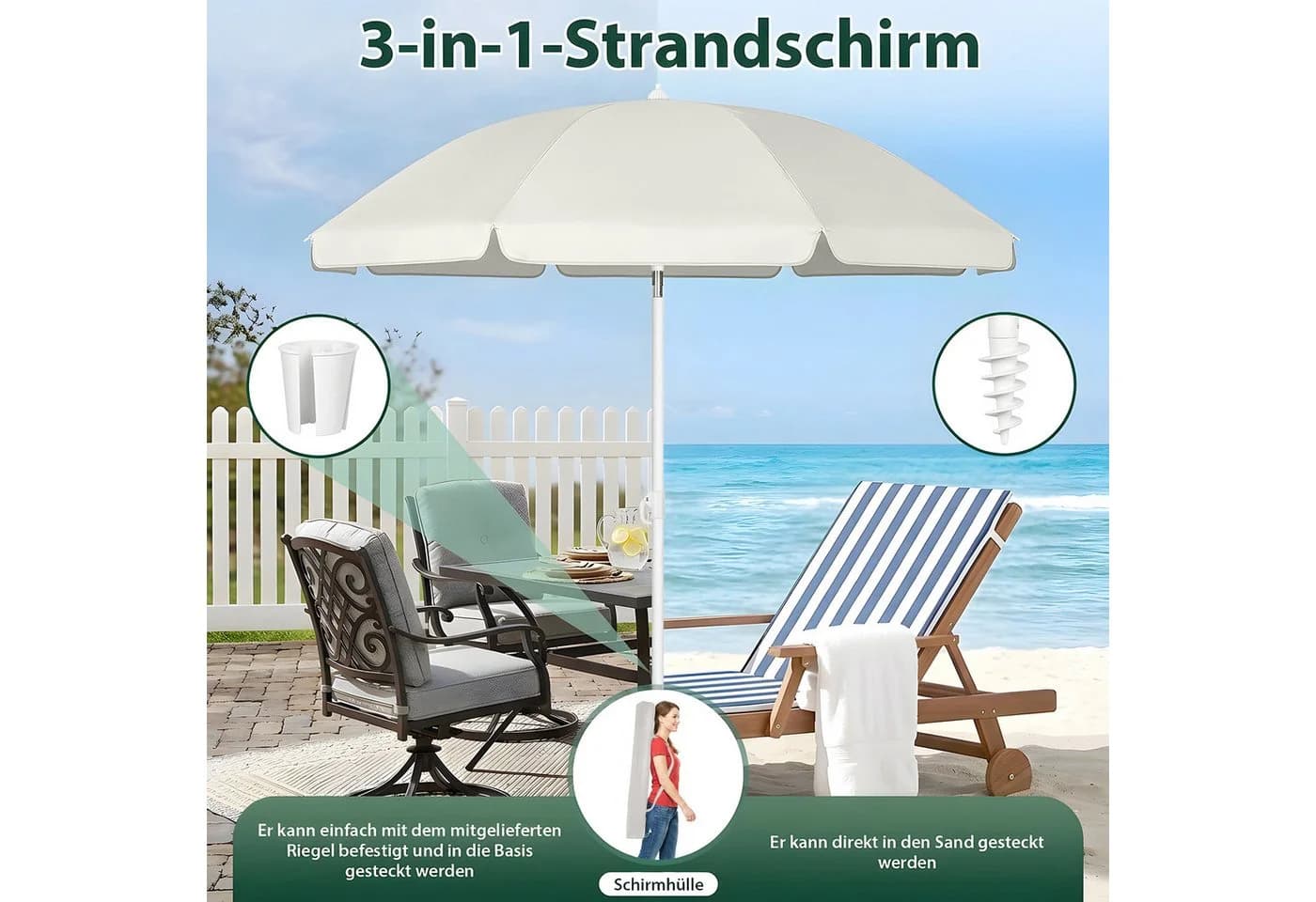 SUNULA Sonnenschirm 160 cm Weiß Silber knickbar mit Bodenhülse - Bild 4