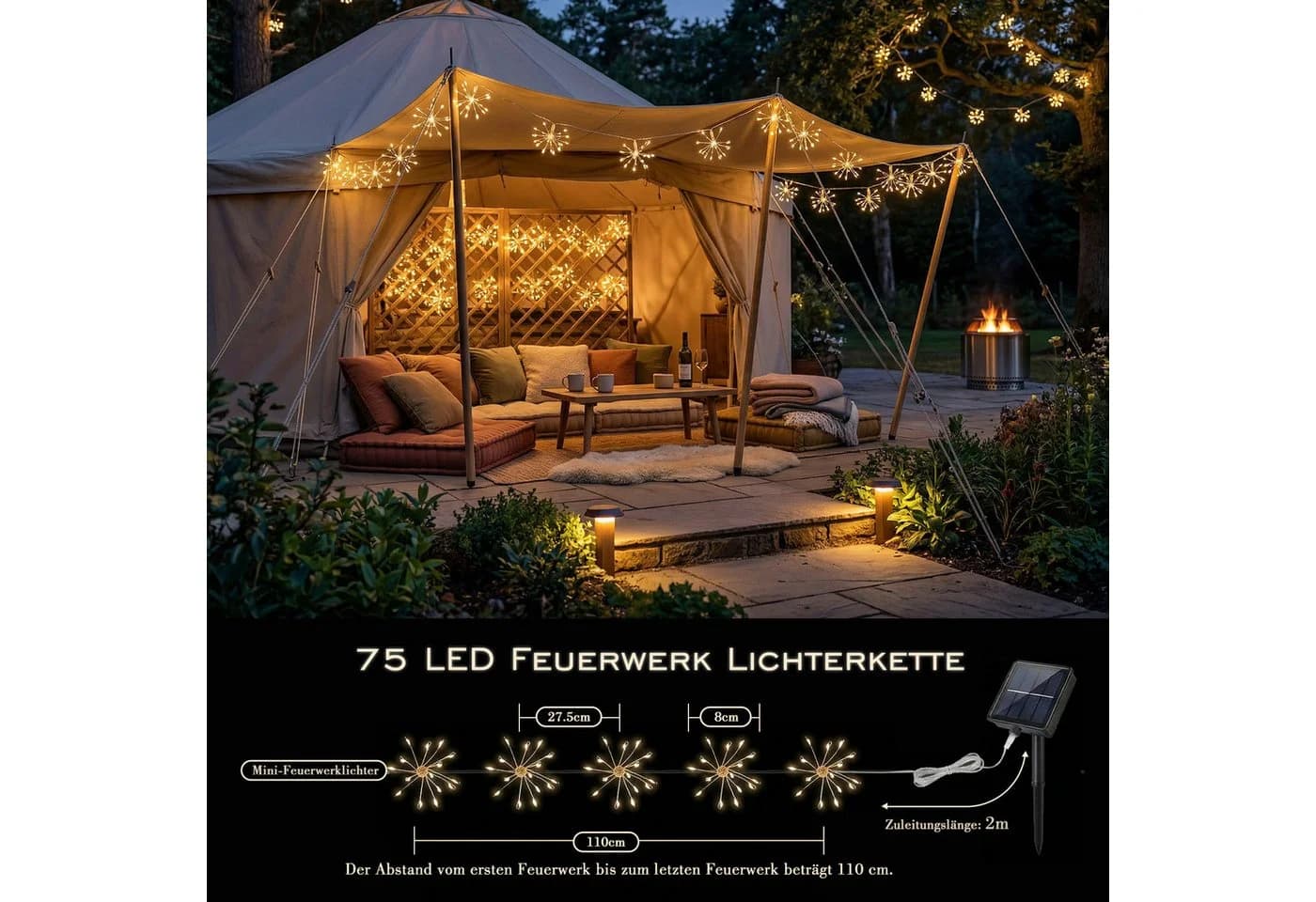 Salcar LED Solarleuchte Feuerwerk-Lichterkette 75 LEDs Warmweiß
