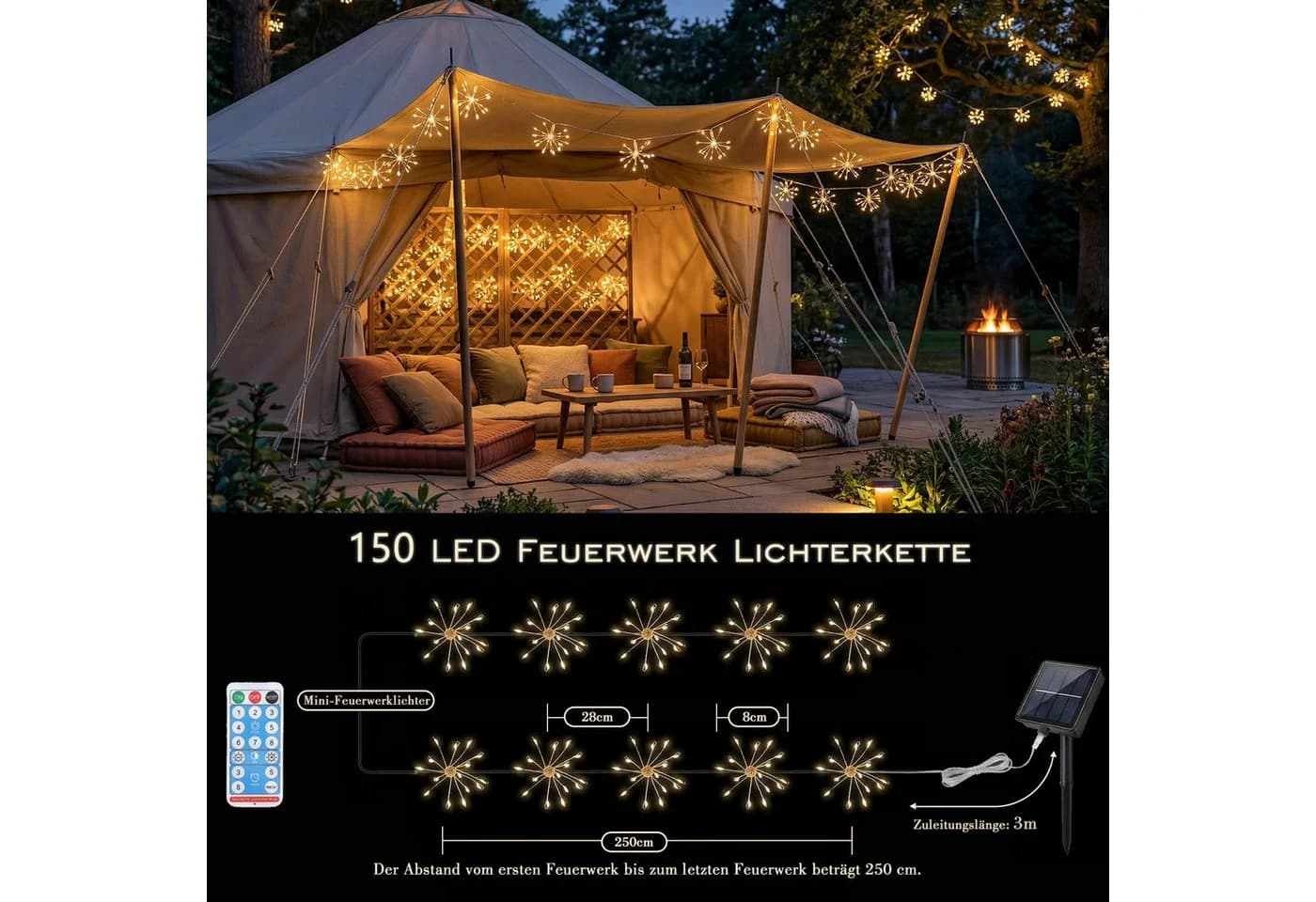 Salcar LED Solarleuchte Feuerwerk-Lichterkette 150 LEDs 8 Modi mit Fernbedienung