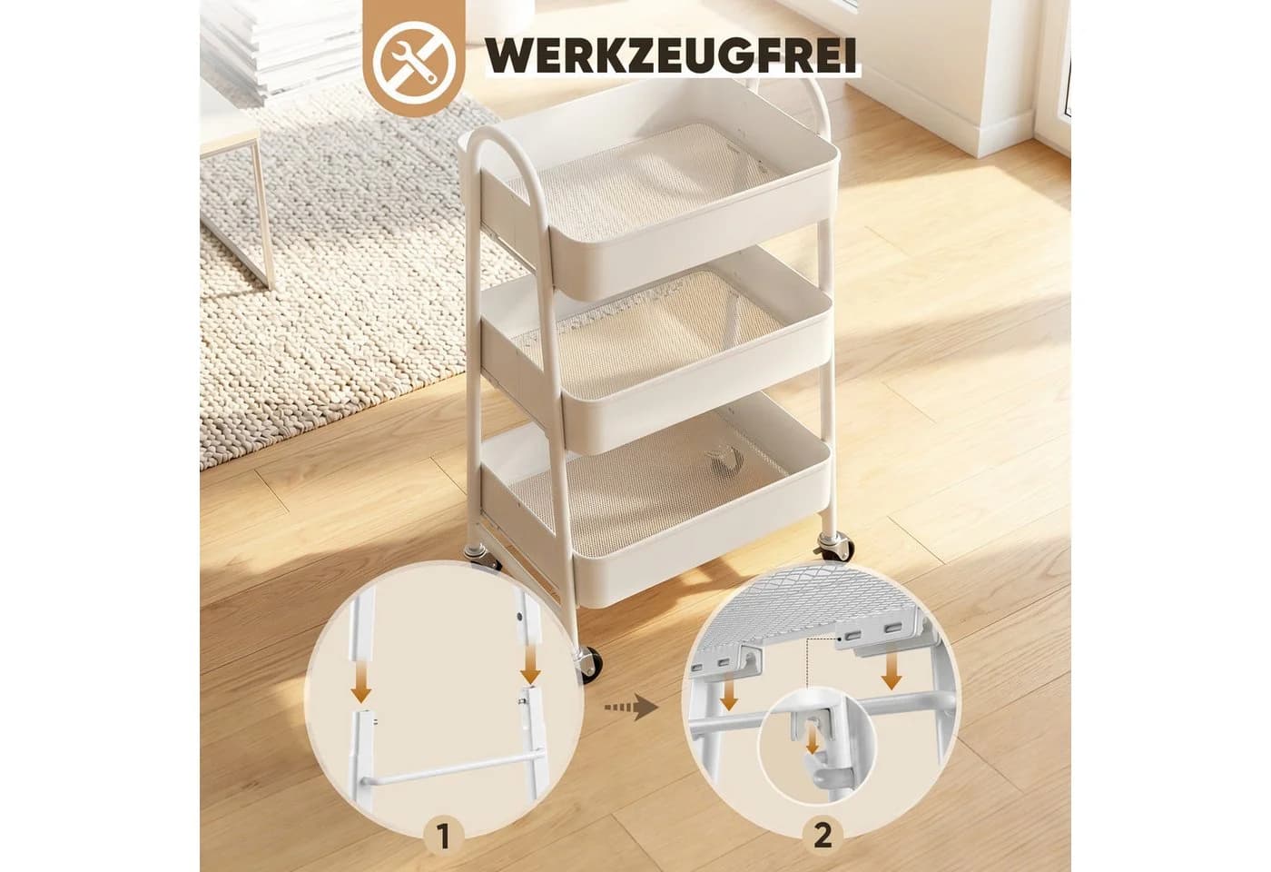 Sekey Rollwagen Küche Weiß Metall 2 Körbe 4 Haken Klick-Design - Bild 5
