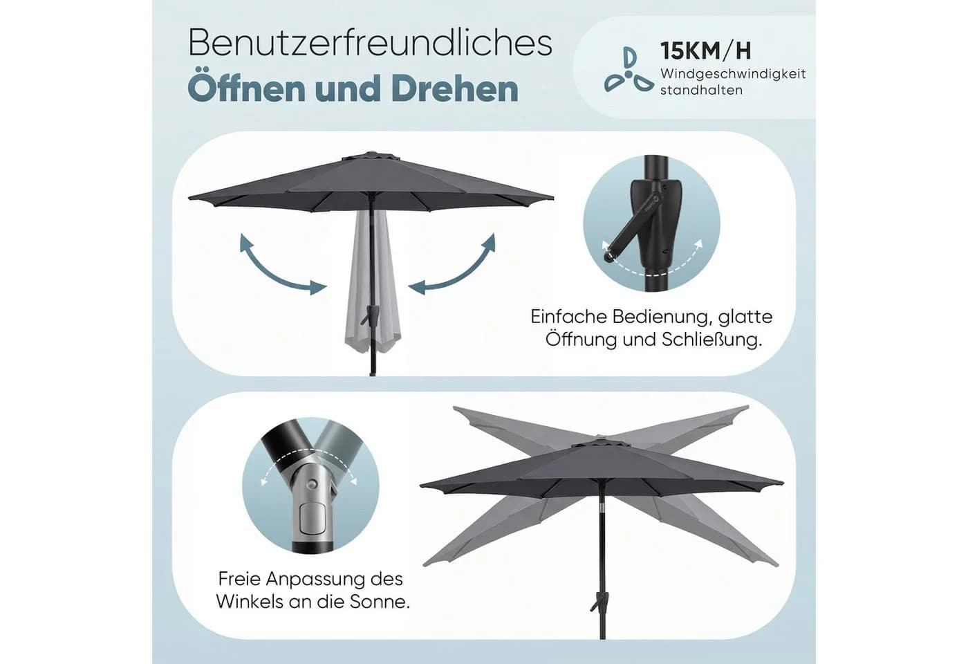 Sekey Sonnenschirm 3x3m Aluminium Grau mit Kurbel - Bild 3