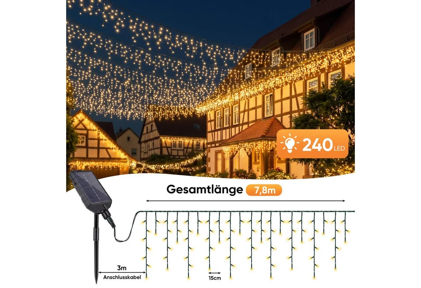 Salcar LED Solarleuchte Lichtervorhang 7,8m 240 LEDs Warmweiß - Bild 5