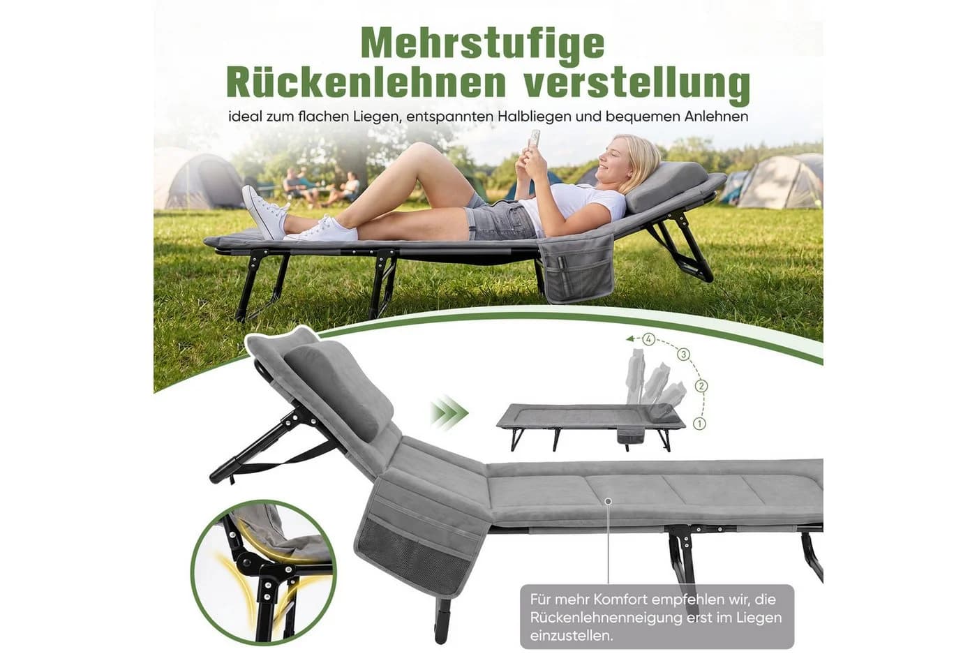Sekey Faltbett Verstellbar mit Matratze und Kissen Grau
