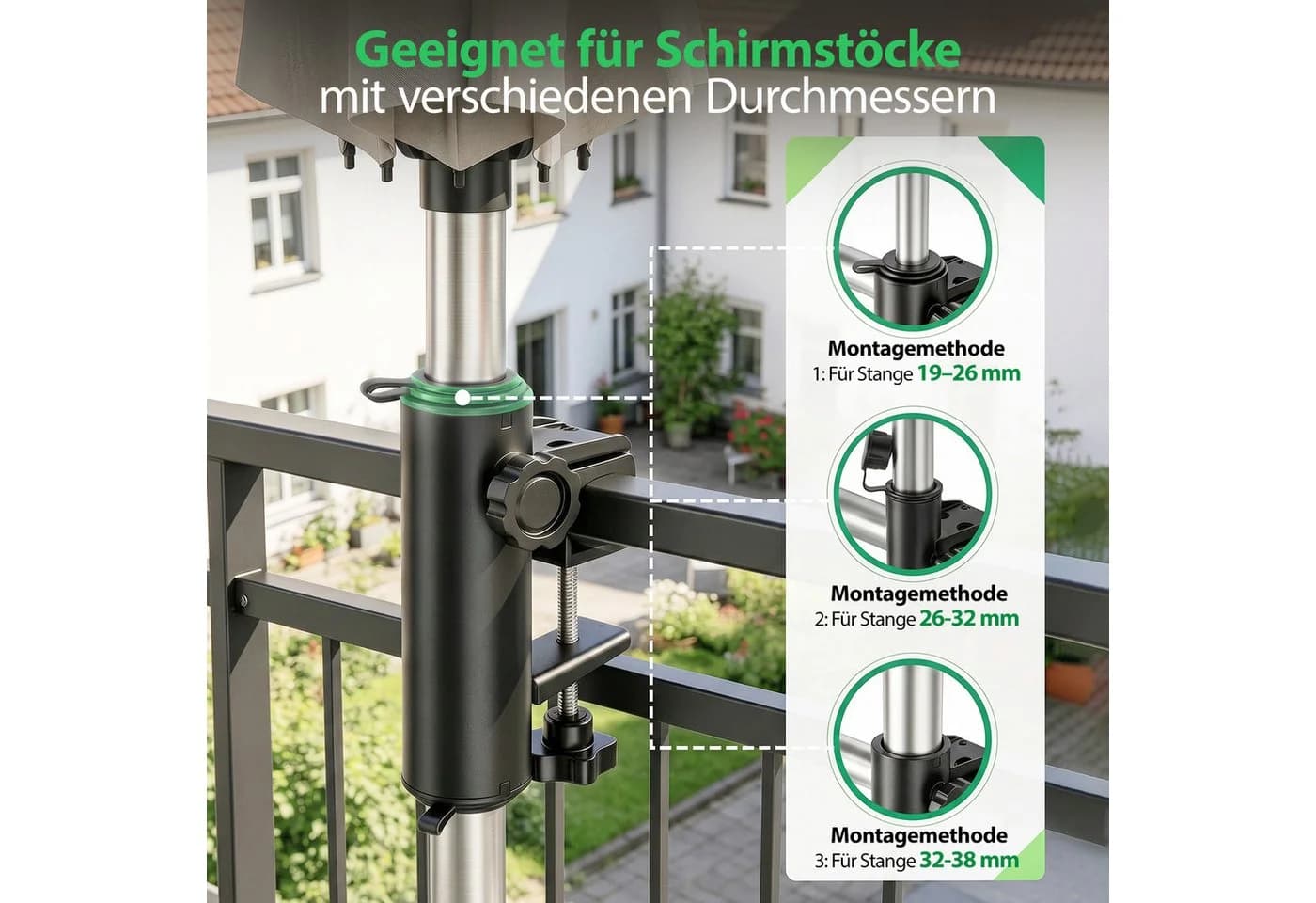Sekey Balkonklammer Sonnenschirmhalter Schwarz für Geländer 19-38 mm - Bild 3