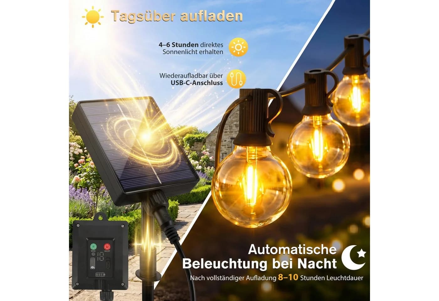 Salcar LED Solarlichterkette G40 7,2m mit 10 Glühbirnen