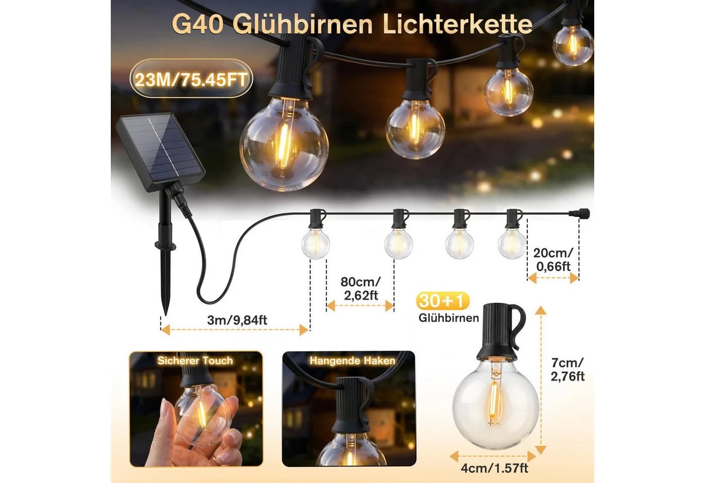 Salcar LED Solarleuchte Lichterkette G40 Warmweiß 15,2m - Bild 5