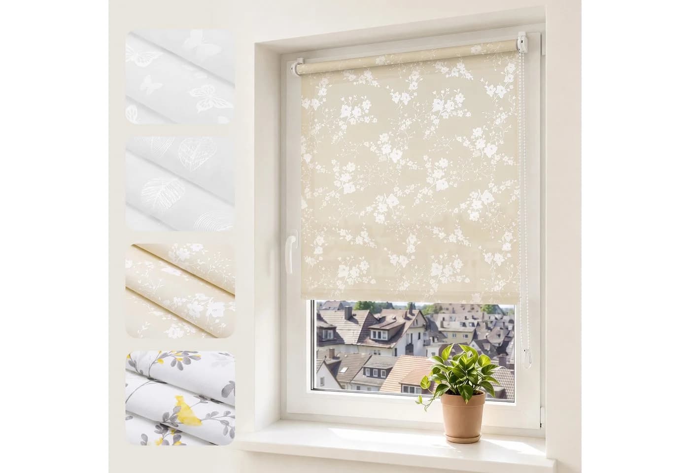 Sekey Seitenzugrollo ohne Bohren blickdicht Blume beige - Bild 2