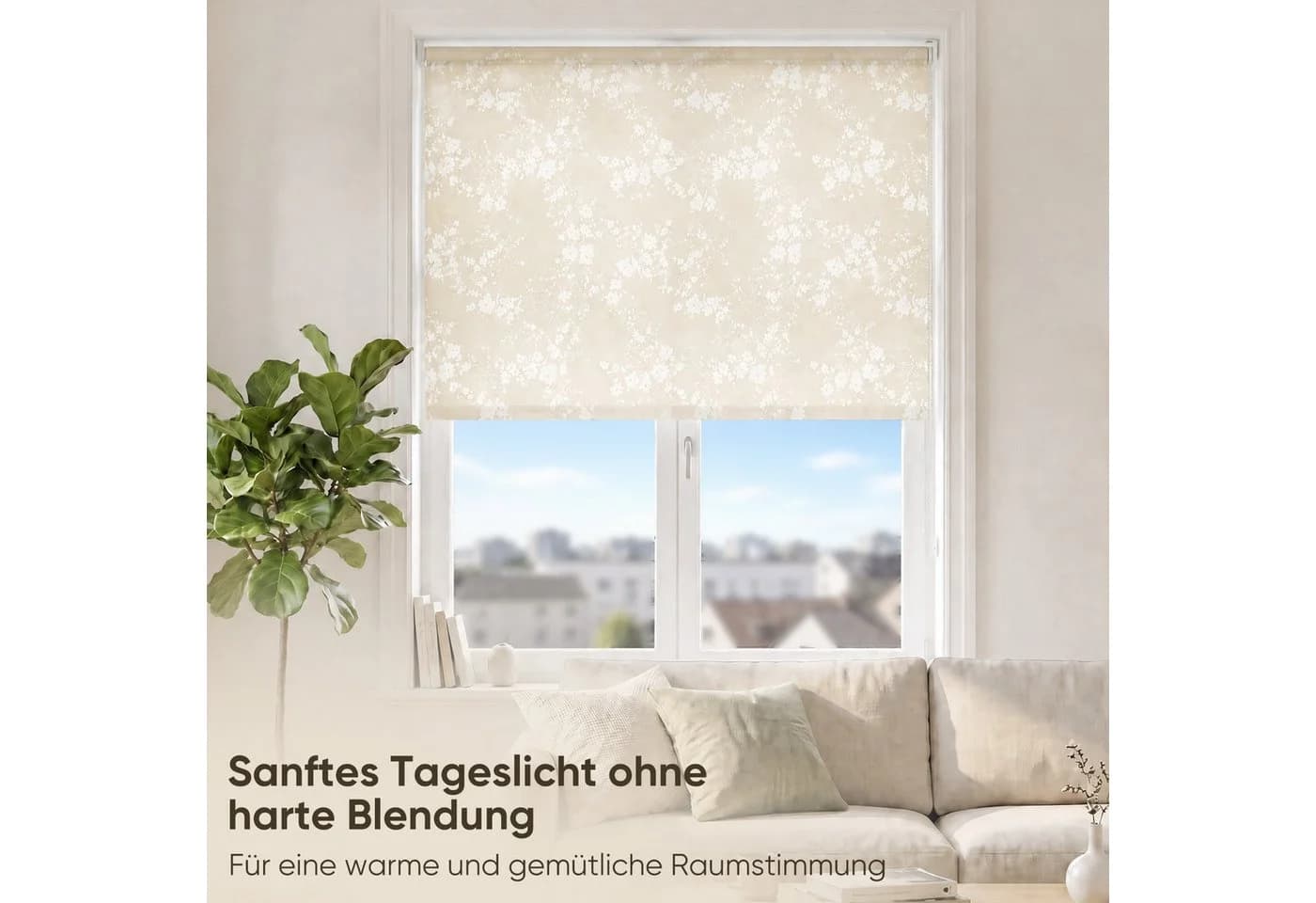 Sekey Seitenzugrollo ohne Bohren blickdicht Blume beige - Bild 3