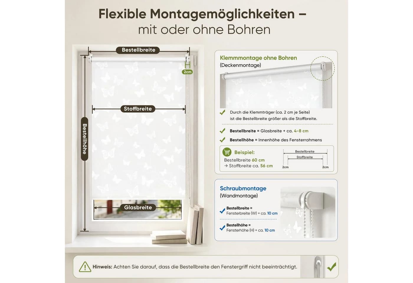 Sekey Seitenzugrollo Klemmfix Schmetterling weiss blickdicht - Bild 4