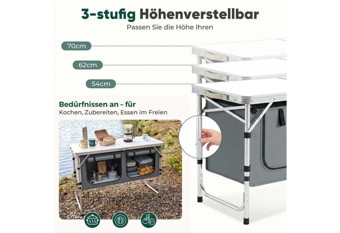 Sekey Campingtisch 120 cm Faltbar Höhenverstellbar Grau - Bild 3