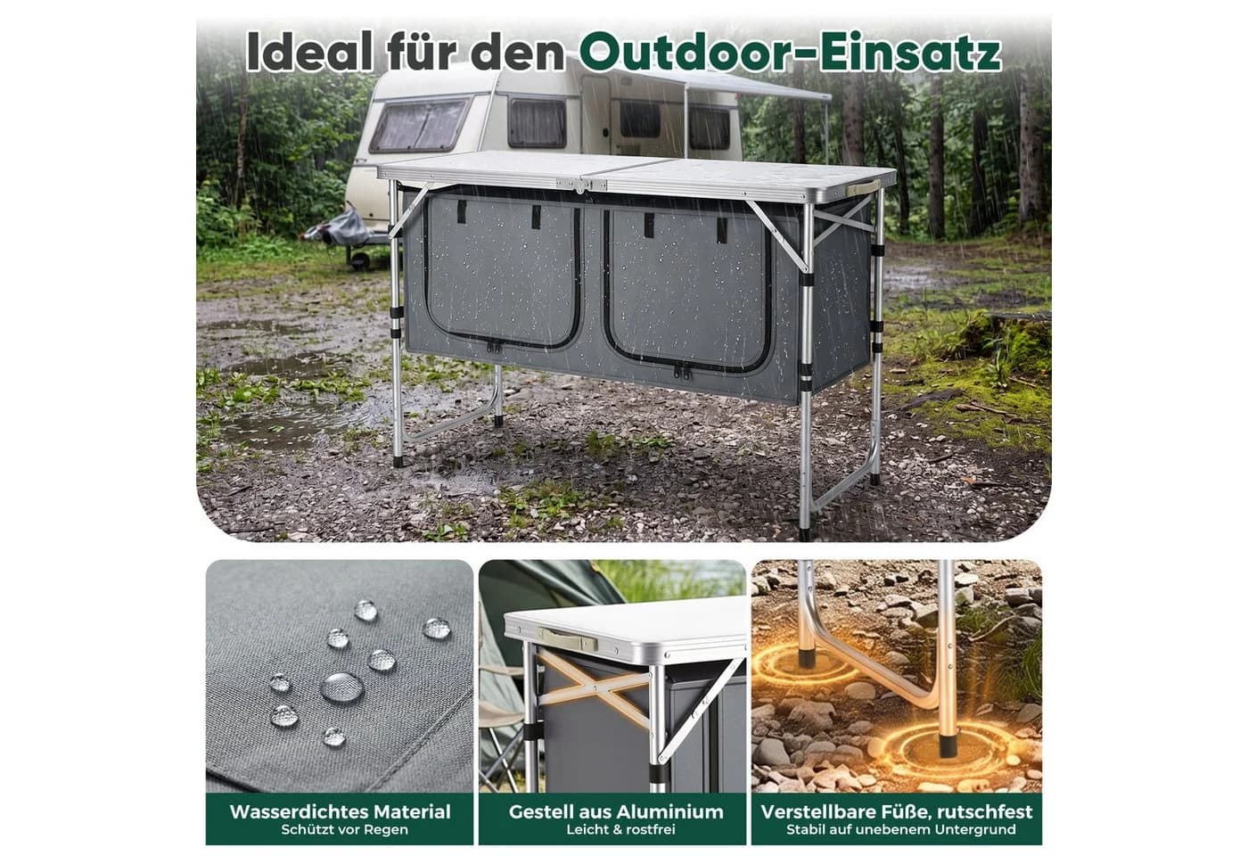 Sekey Campingtisch 120 cm Faltbar Höhenverstellbar Grau - Bild 4