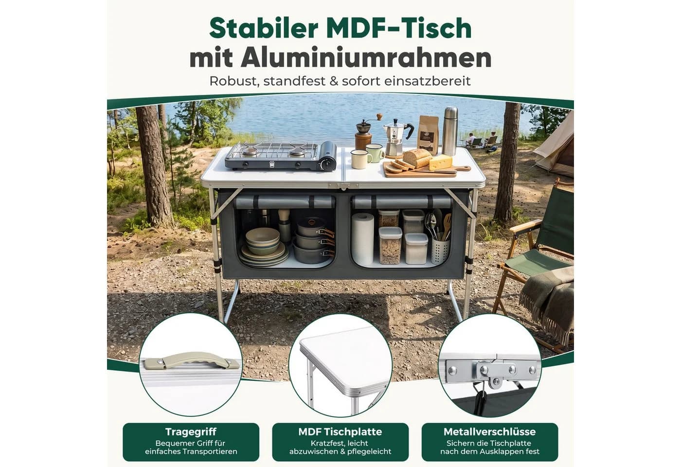 Sekey Campingtisch 120 cm Faltbar Höhenverstellbar Grau - Bild 5