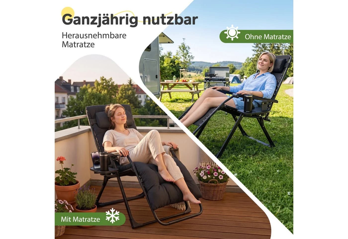 Sekey Gartenliege Klappbar Gepolstert Schwarz mit Nackenkissen