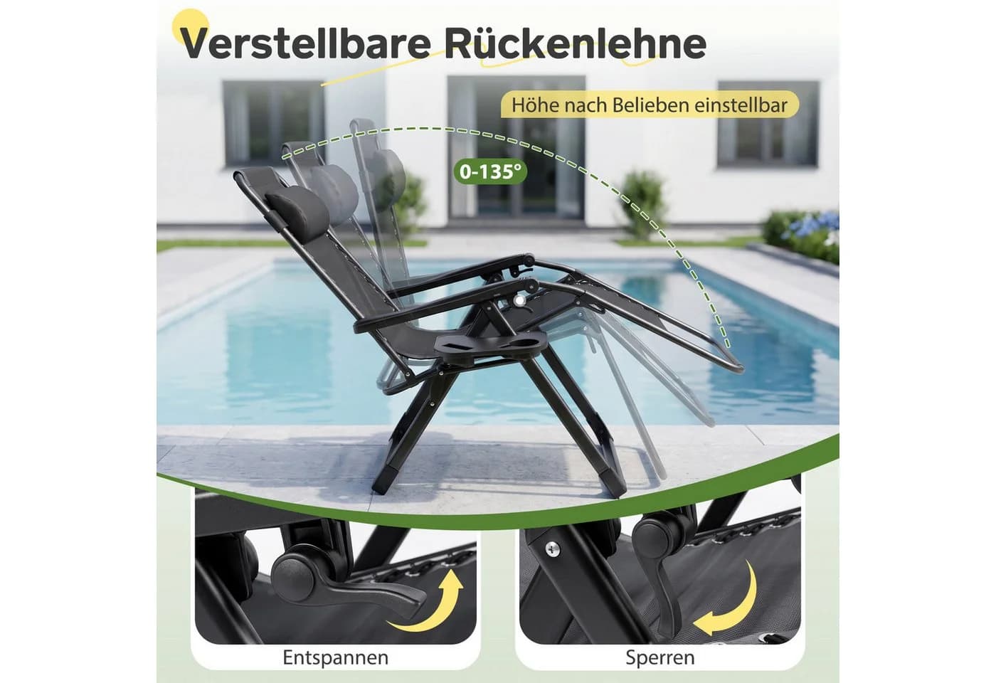 Sekey Gartenliege Klappbar Gepolstert Schwarz mit Nackenkissen - Bild 3