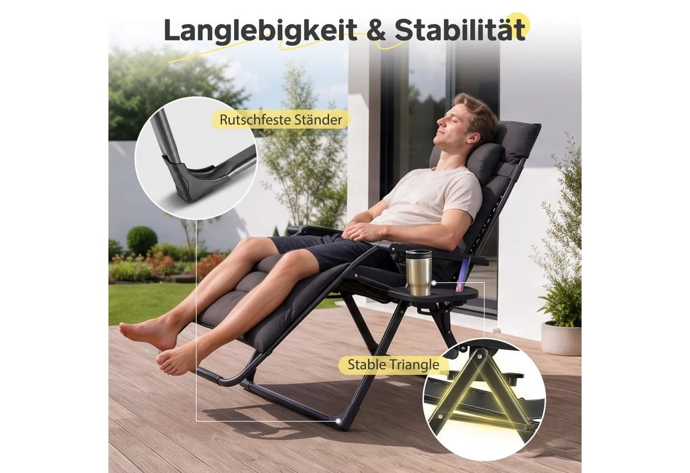 Sekey Gartenliege Klappbar Gepolstert Schwarz mit Nackenkissen - Bild 4