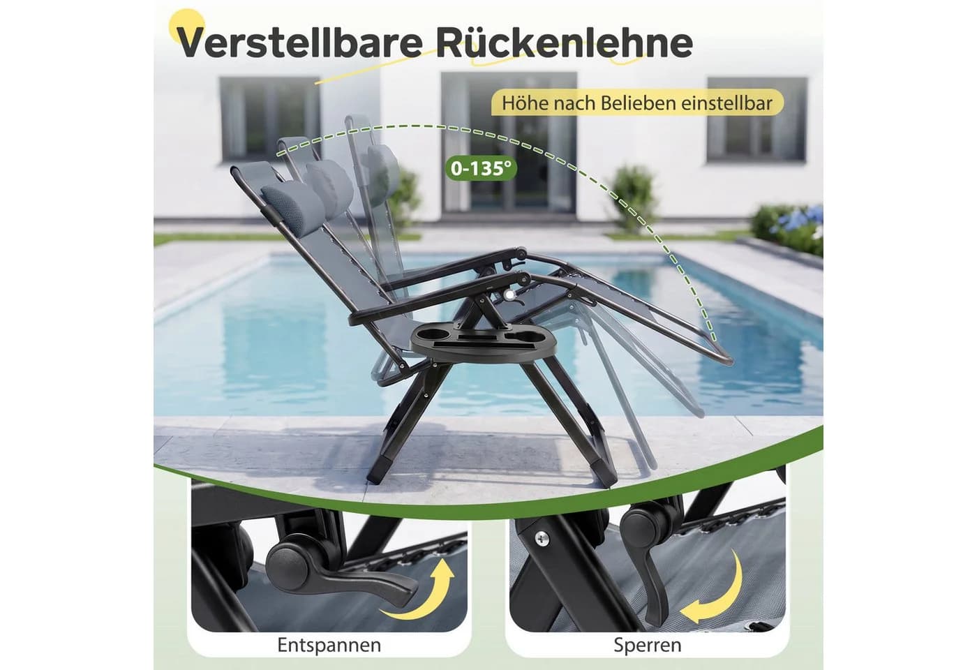 Sekey Gartenliege Klappbar Gepolstert Grau mit Auflage und Ablagetisch - Bild 3