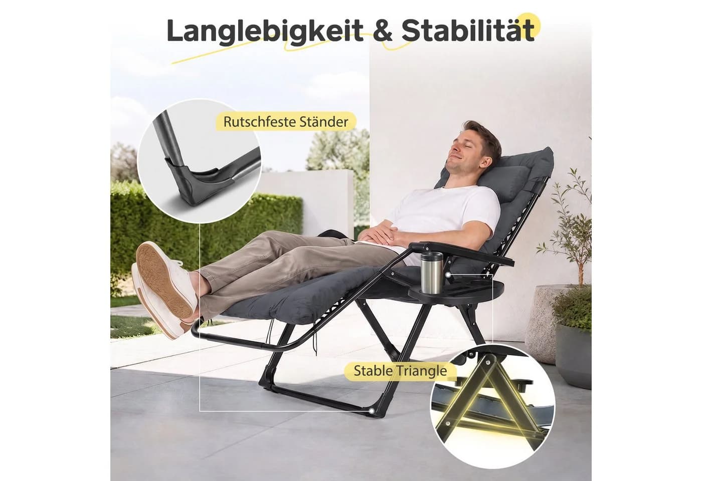 Sekey Gartenliege Klappbar Gepolstert Grau mit Auflage und Ablagetisch - Bild 4