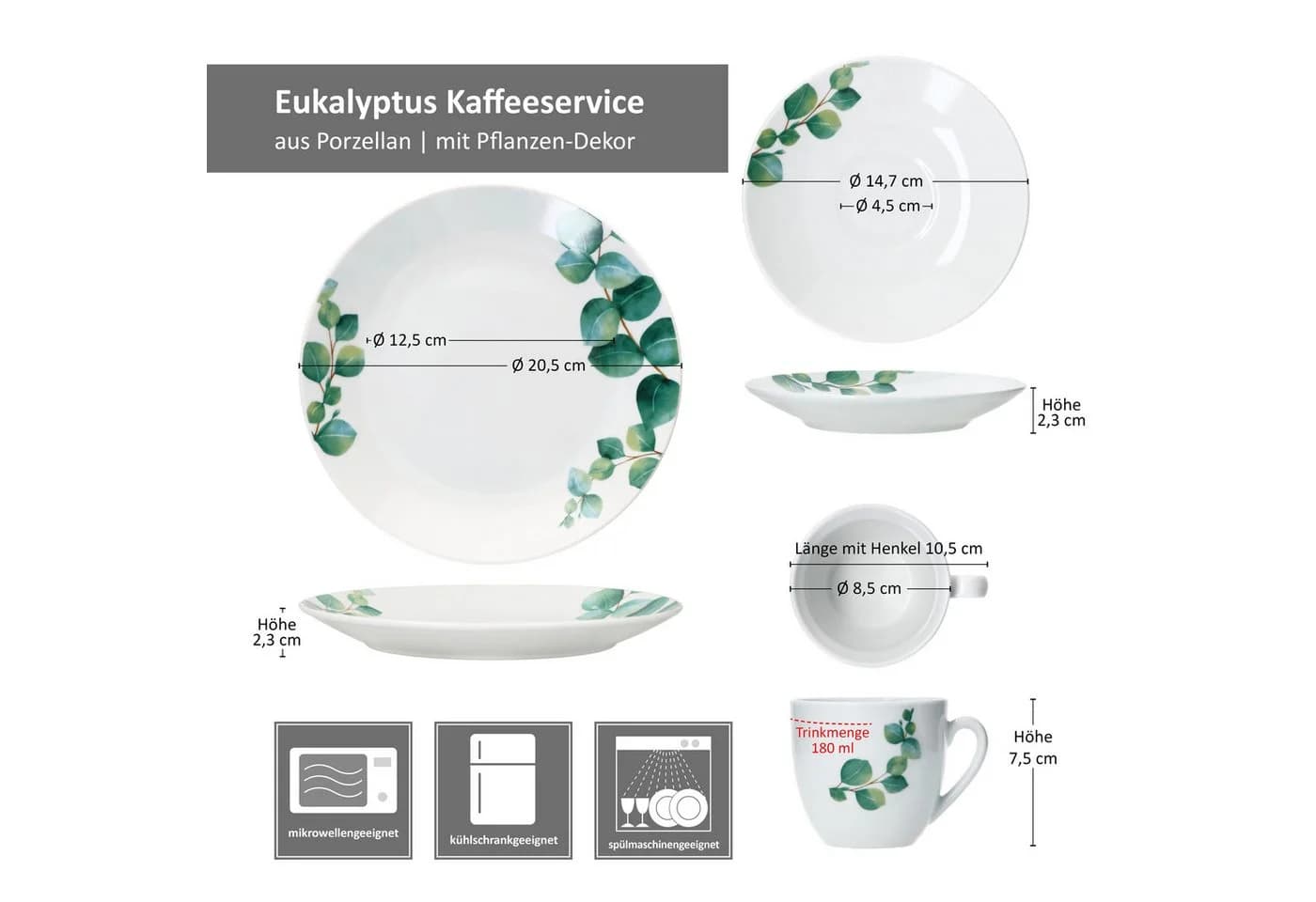 MamboCat Kaffeeservice 18tlg. Eukalyptus Porzellan Weiß 6 Personen - Bild 5