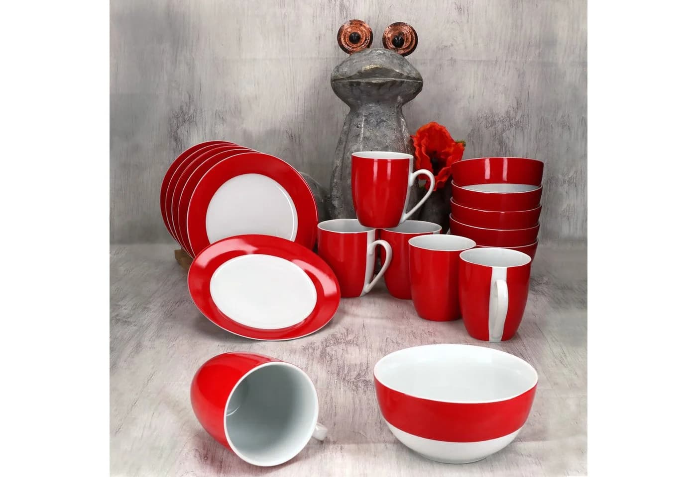 MamboCat Frühstücks-Geschirrset 18tlg. Rot/Weiß Porzellan 6 Personen