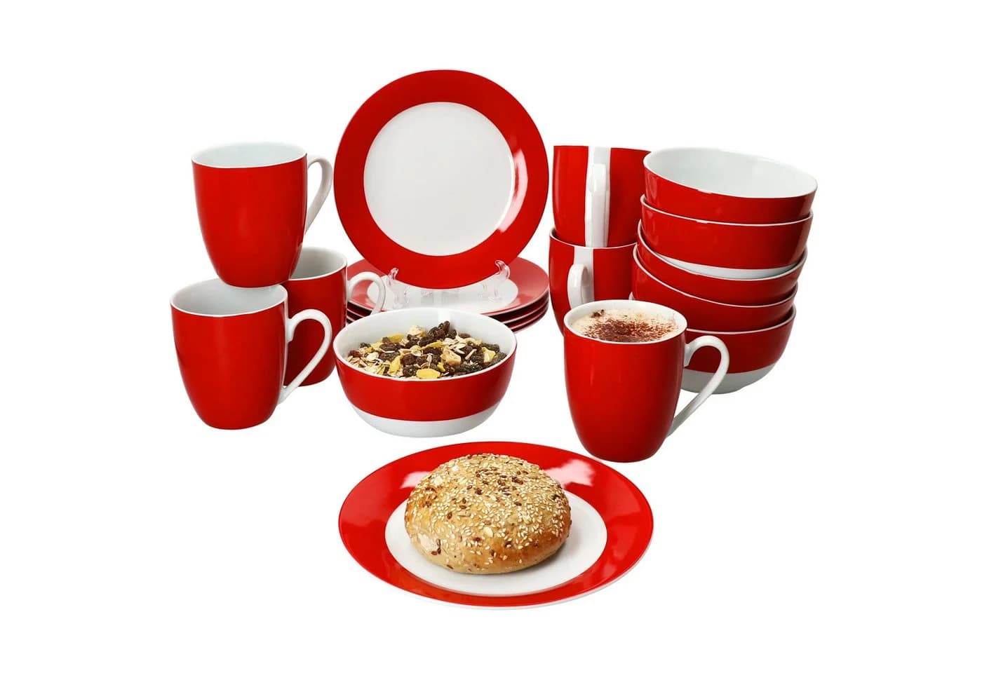 MamboCat Frühstücks-Geschirrset 18tlg. Rot/Weiß Porzellan 6 Personen - Bild 2