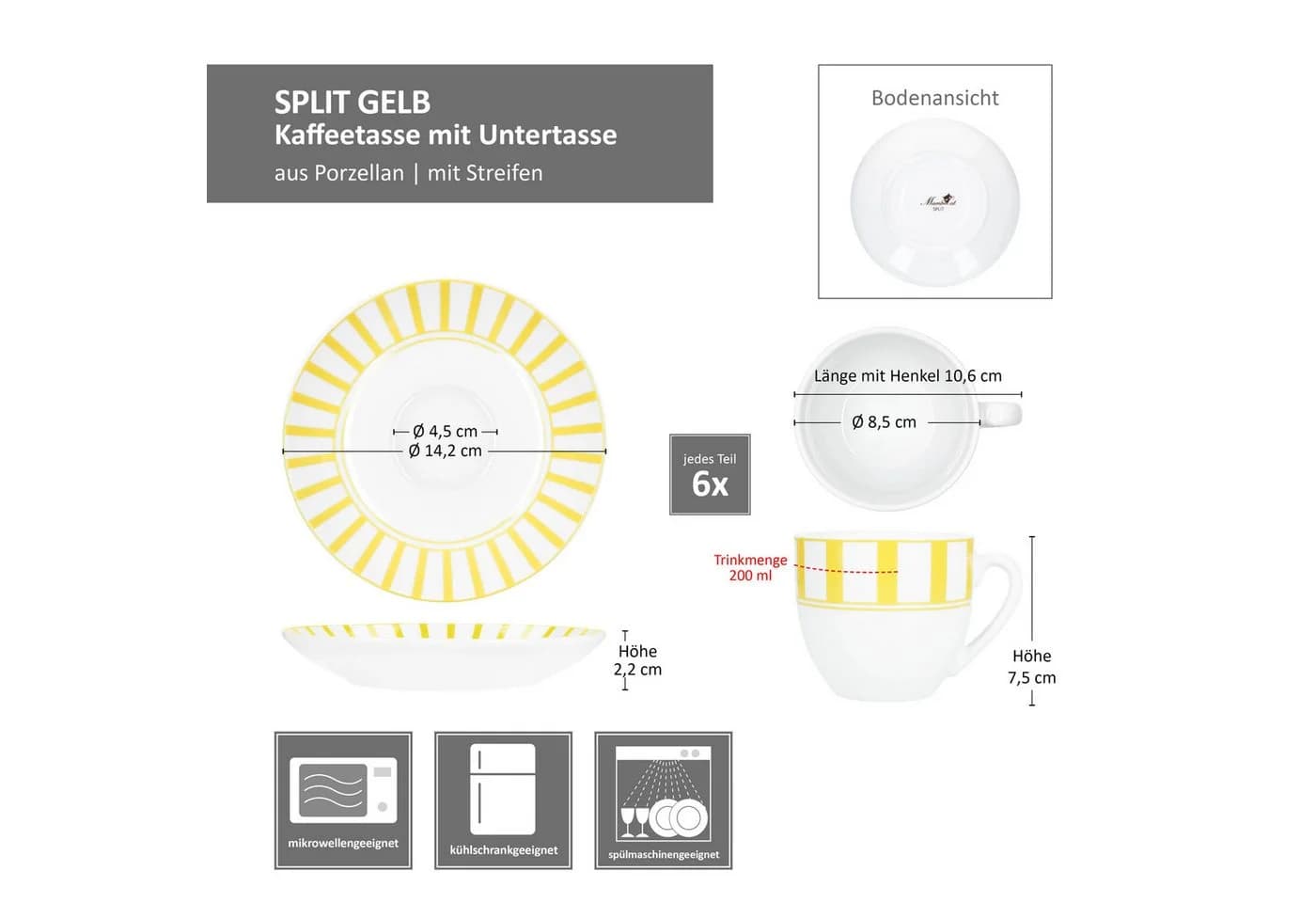 MamboCat Kaffeetassen-Set Split gelb 12-teilig mit Untertassen - Bild 5
