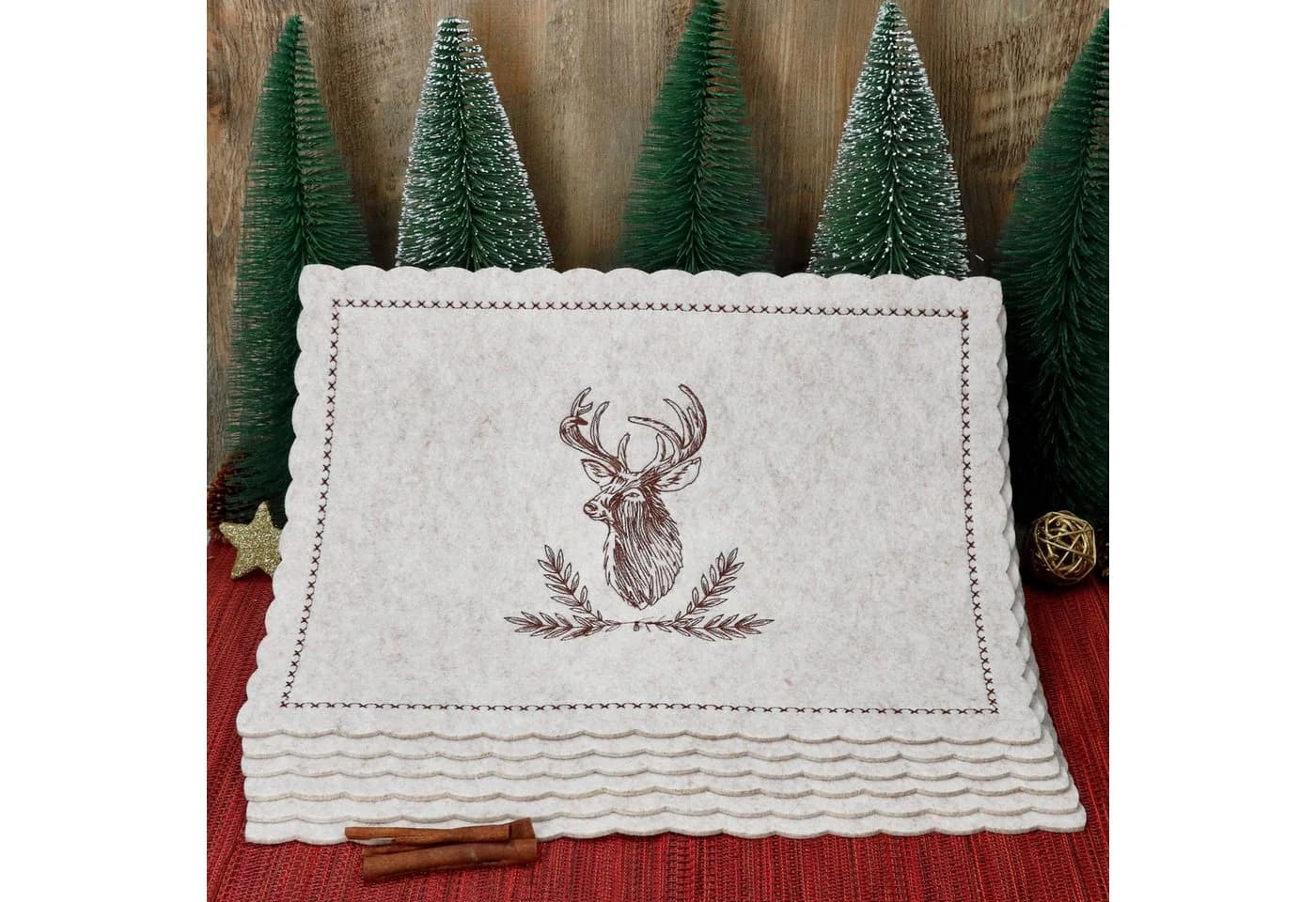 MamboCat Platzset 6x Alois Filz Beige Hirsch-Motiv