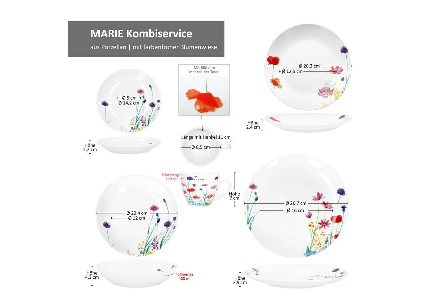 MamboCat Kombiservice Marie 30tlg. Porzellan Bunt Blumenwiese - Bild 5