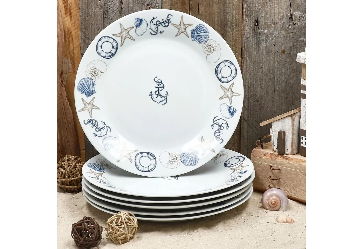MamboCat Speiseteller Neptun 6er Set Weiß/Blau Porzellan Maritim