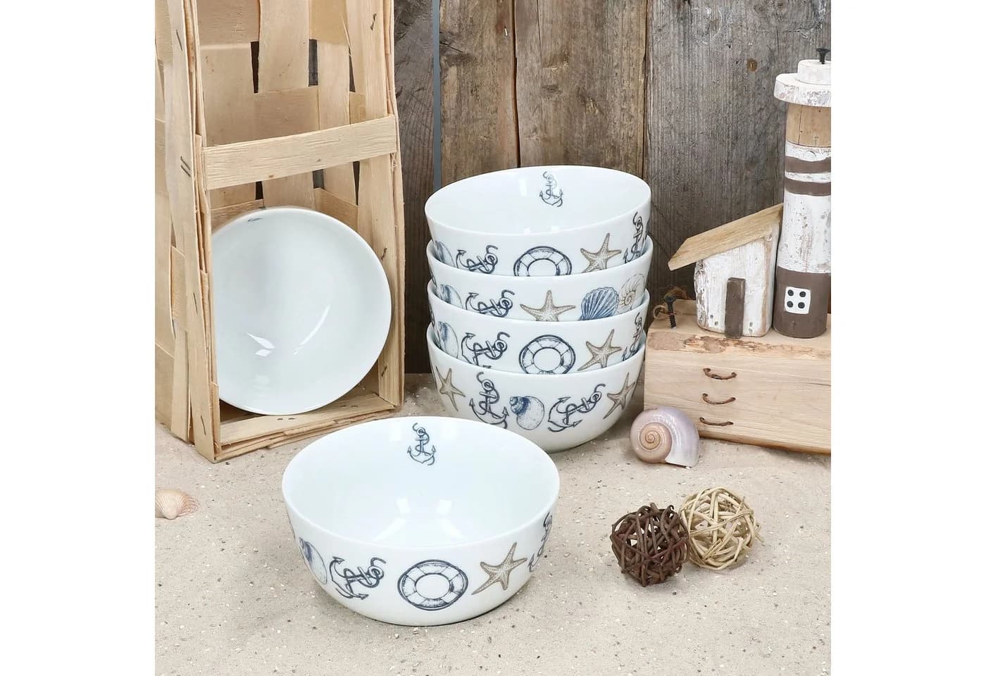 MamboCat Müslischale Neptun 6er-Set Weiß Blau Porzellan Maritim