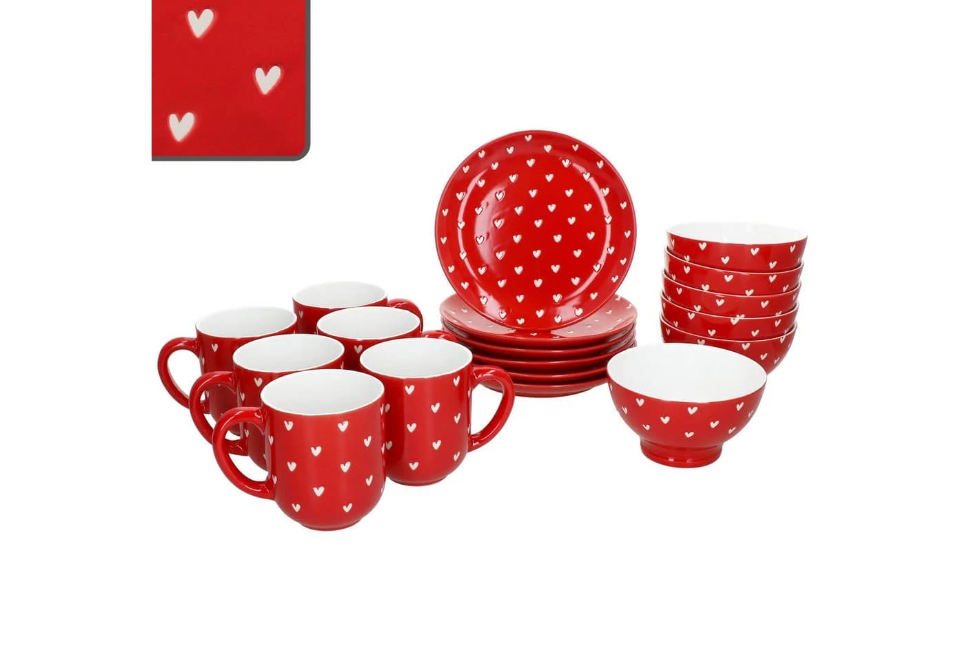MamboCat Frühstücks-Geschirrset LOVE 18tlg. Rot/Weiß Porzellan