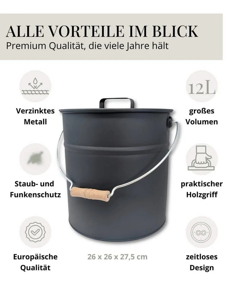 LIVLIG Ascheeimer mit Deckel 12L Schwarz Feuerverzinkter Stahl - Bild 5