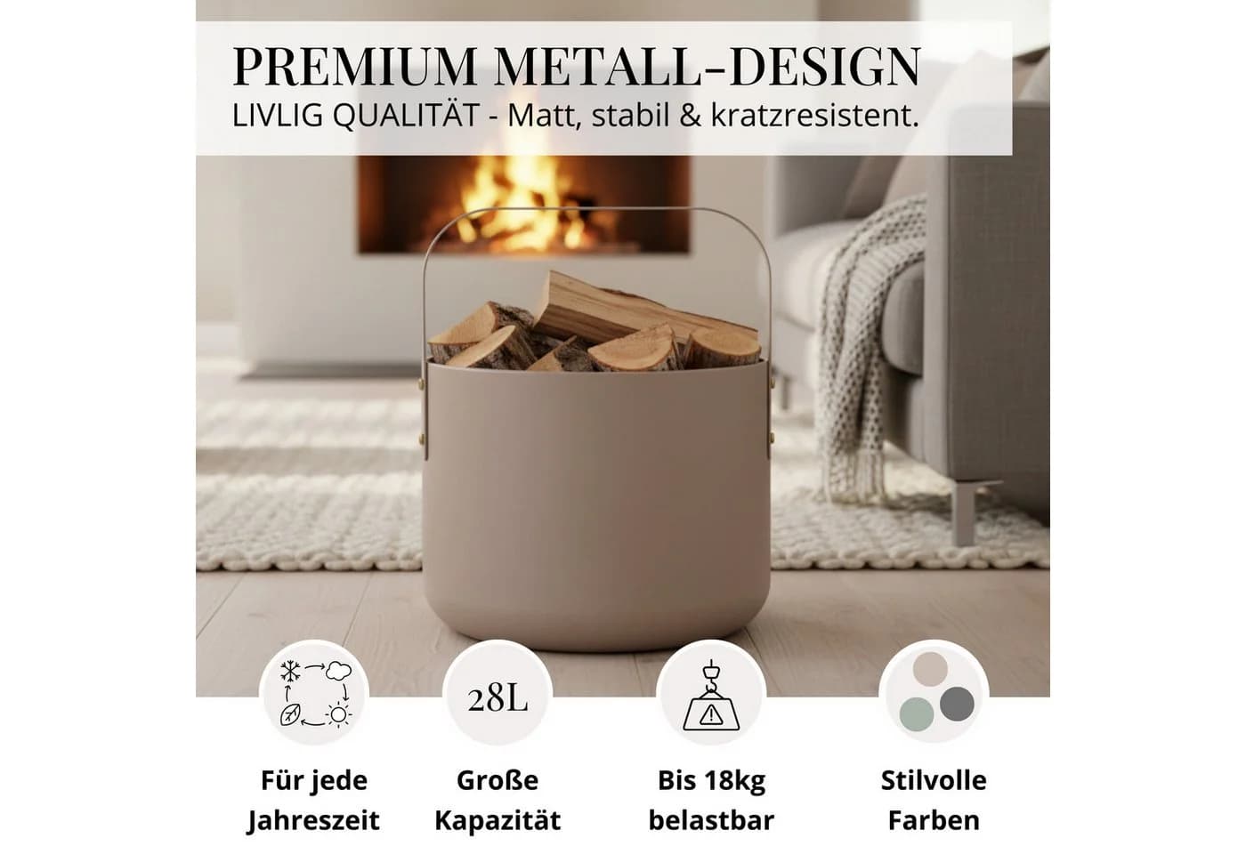 LIVLIG Kaminholzkorb Metall Brennholzkorb Beige