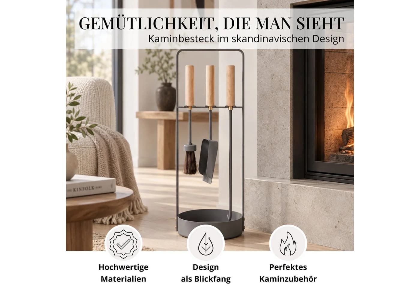 LIVLIG Kamingarnitur 3-teiliges Set mit Ständer Anthrazit